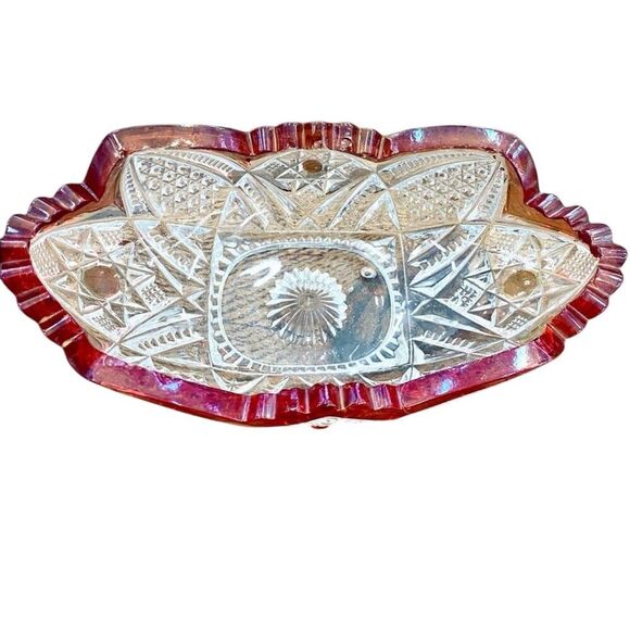 Vintage Bohemian Etched Crystal Bowl Ruby Red Trim Decorative 6" - Picture 7 of 8